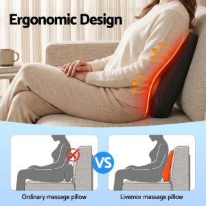 Woman seated on a sofa using the Livemor ergonomic back massager cushion for lower-back support.