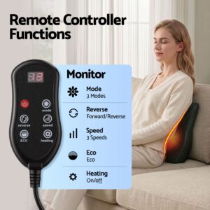 Livemor back massager wired remote showing mode, reverse, speed, eco and heating controls.