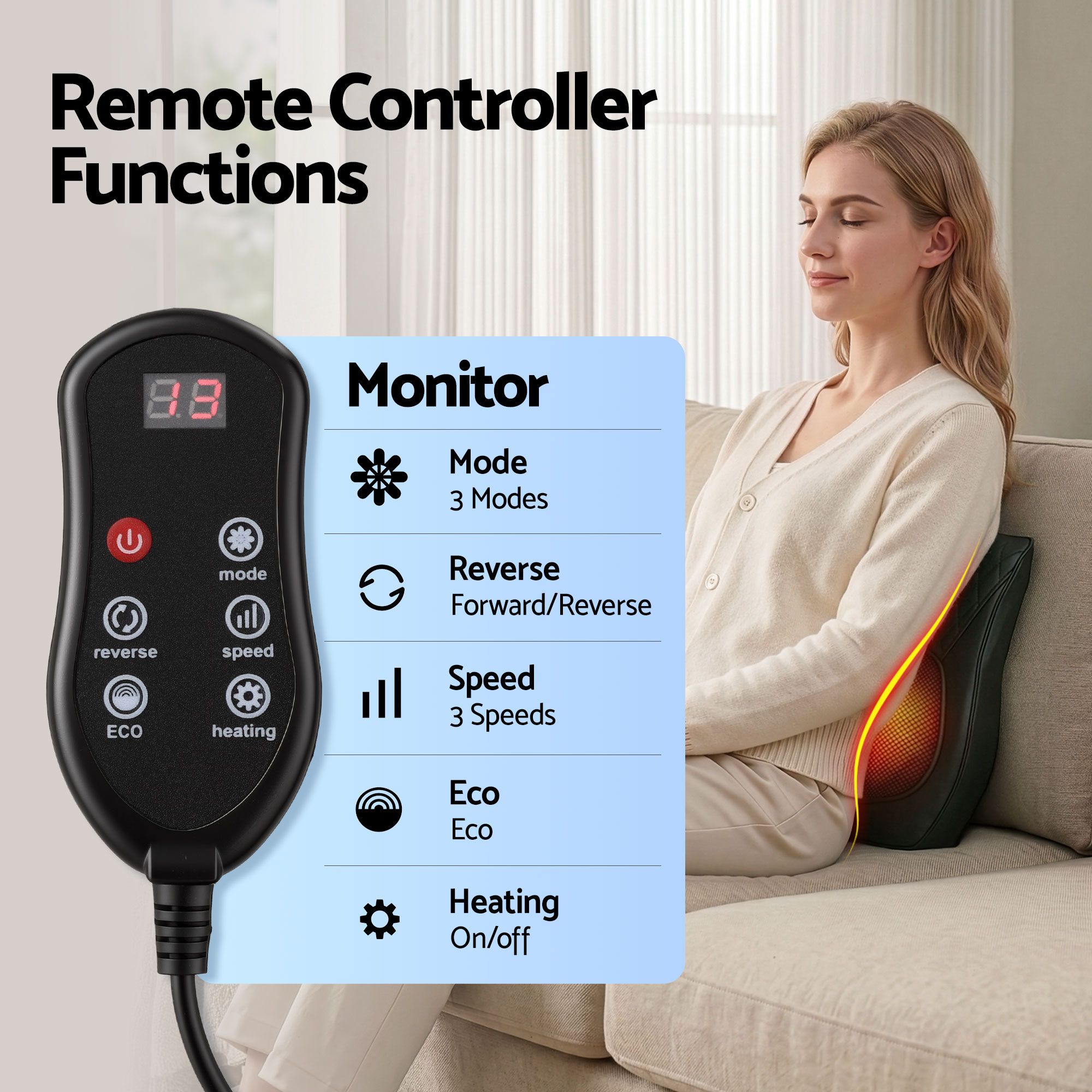Livemor back massager wired remote showing mode, reverse, speed, eco and heating controls.