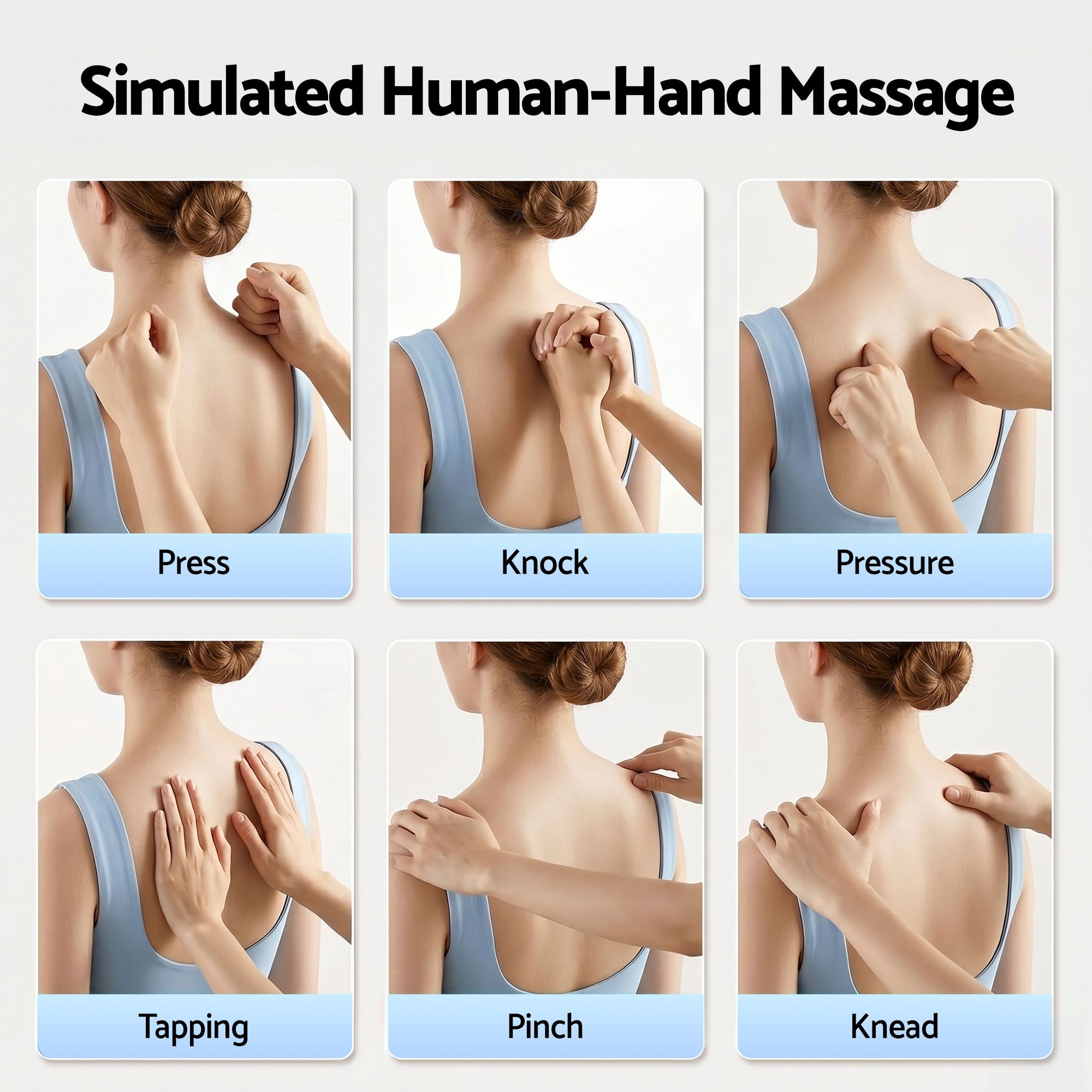 Graphic showing six simulated massage techniques for the Livemor back massager.