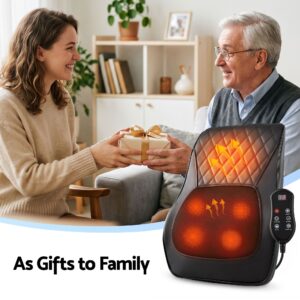 Livemor heated back massager cushion and remote shown as a gift in a living-room setting.