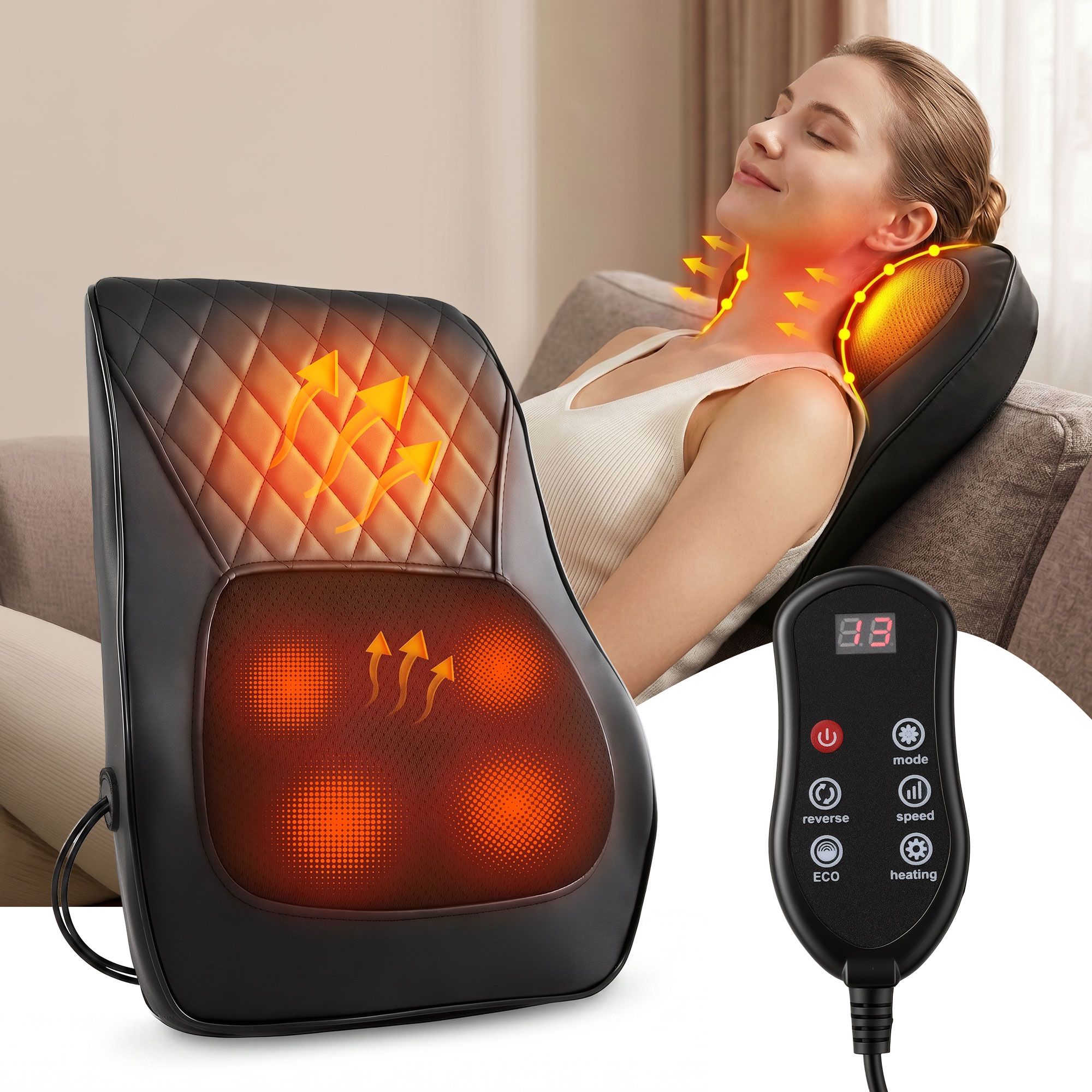 Black Livemor back massager cushion with glowing heat areas, remote and a woman reclining on a sofa.