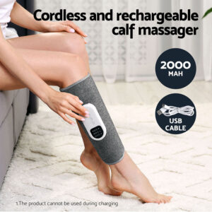 Person wearing the Livemor cordless rechargeable heated air compression calf massager