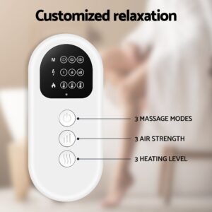 Livemor heated air compression calf massager controller showing three massage modes, air-strength and heat settings