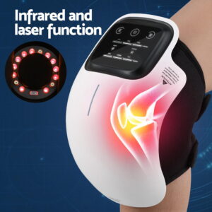 Livemor knee massager wrap worn on a leg, showing its infrared and laser-light function.