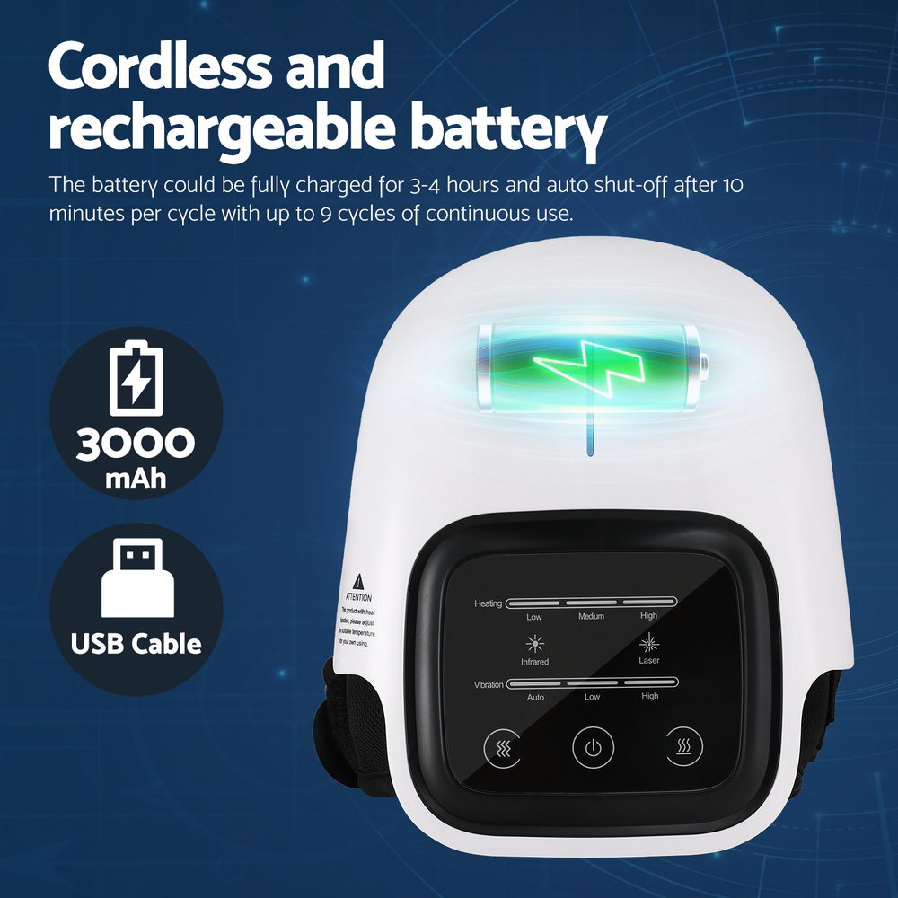 Livemor knee massager with 3000 mAh battery graphic and USB charging cable.