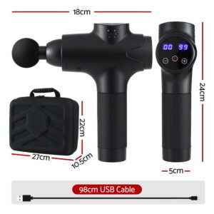 Black Everfit massage gun with carry case, USB cable and labelled size measurements