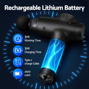 Black Everfit massage gun showing rechargeable lithium battery and charging information
