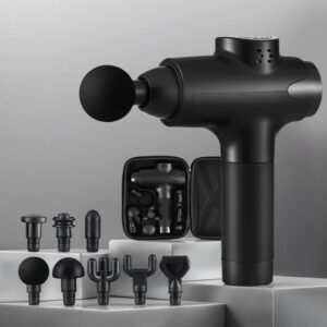 Black Everfit massage gun with interchangeable massage heads, accessories and carry case
