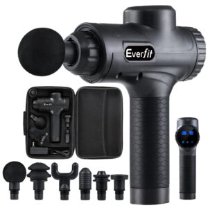 Black Everfit massage gun with six interchangeable massage heads
