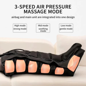 Black air compression leg massager boot on a sofa, showing six orange air chambers and high, mid and low modes.