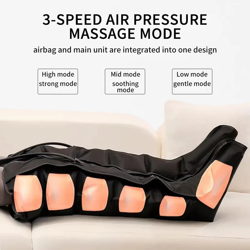 Black air compression leg massager boot on a sofa, showing six orange air chambers and high, mid and low modes.