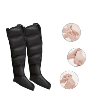 Pair of black air compression leg massager boots with segmented chambers and integrated foot covers.