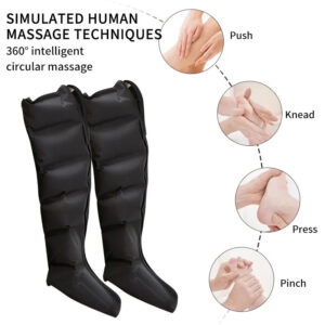 Pair of black air compression leg massager boots with full-leg sleeves and illustrated compression action.