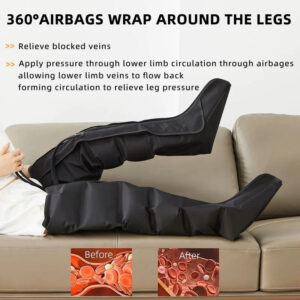 Person reclining while using black full-wrap air compression leg massager boots on both legs.