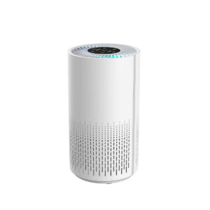 Lenoxx air purifier showing the top control panel, blue-lit air outlet and perforated lower body.