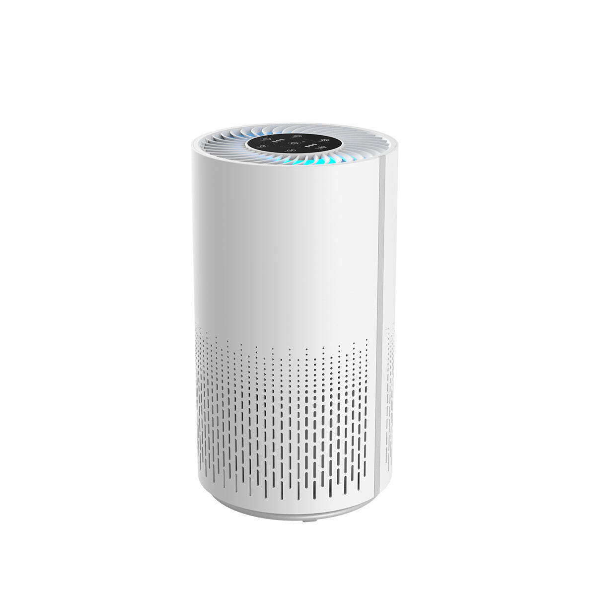 Lenoxx air purifier showing the top control panel, blue-lit air outlet and perforated lower body.