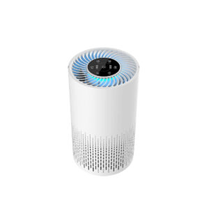 Top view of the Lenoxx air purifier with circular grille, black control panel and perforated lower section.