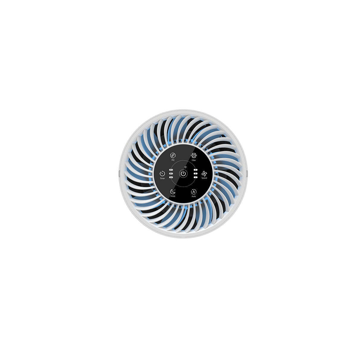 Top view of the Lenoxx air purifier showing its circular grille and centre control panel.