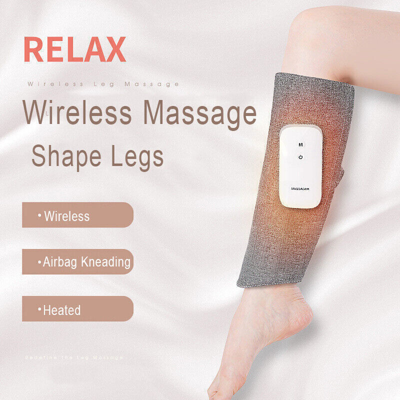 Grey wearable calf massager wrap showing air compression, heating and multiple settings