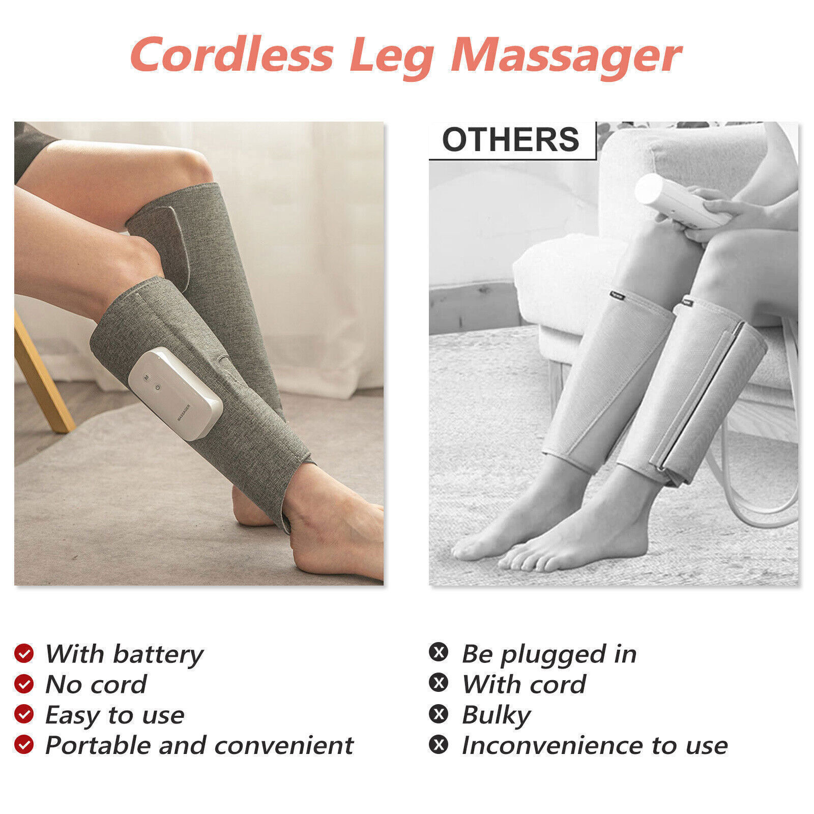 Grey cordless calf massager wrap for comfortable seated use