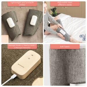 Grey air-compression calf massager with soft fabric wrap, heat settings and USB-C charging