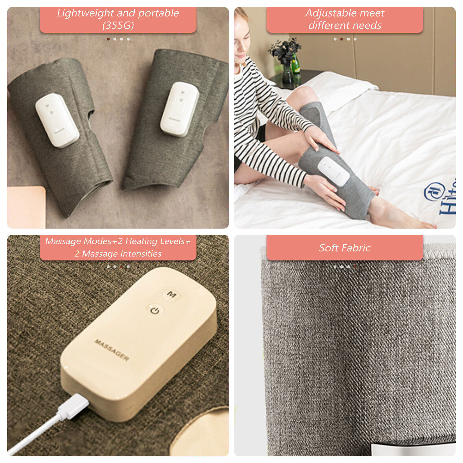 Grey air-compression calf massager with soft fabric wrap, heat settings and USB-C charging