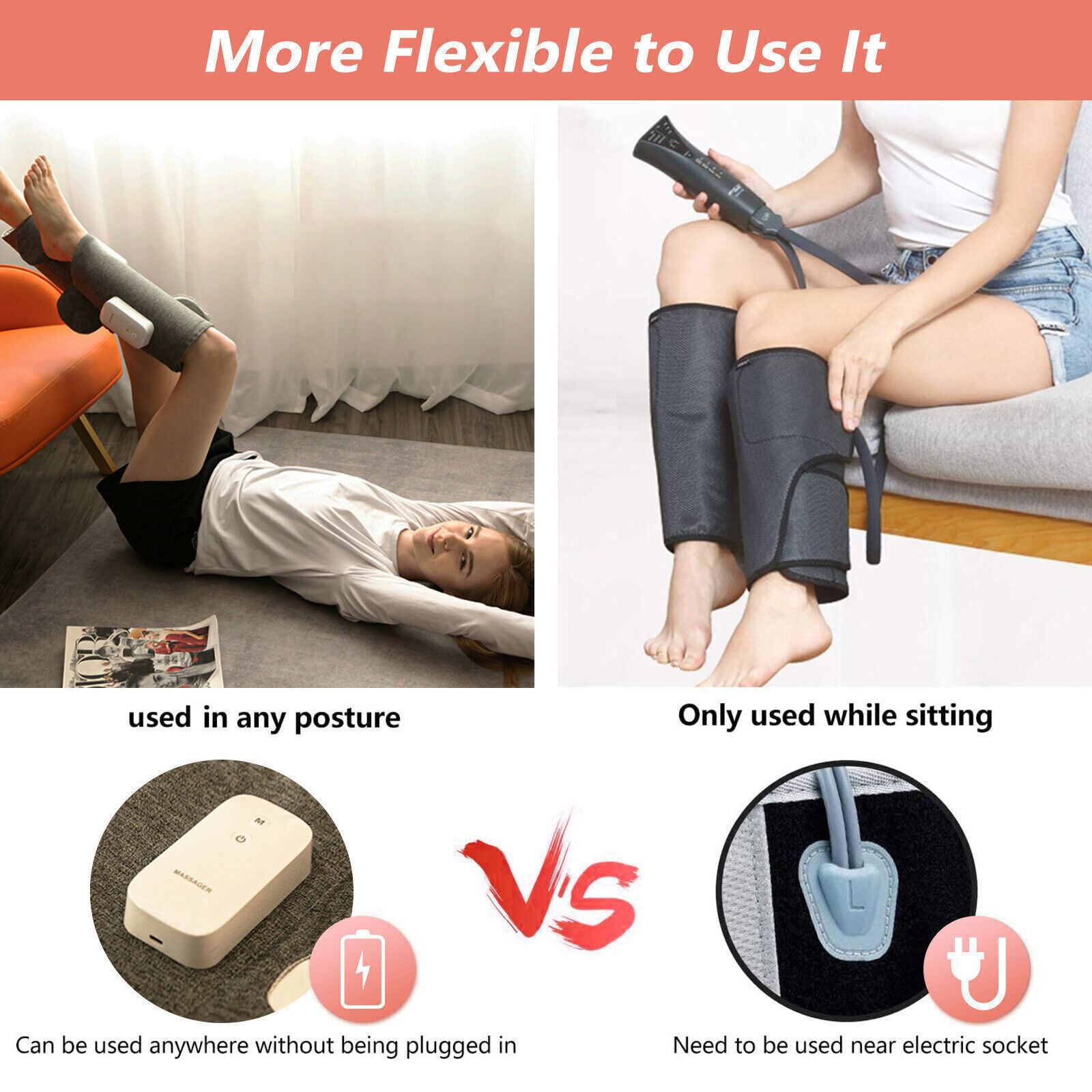 Grey calf massager wrap with portable controller and cordless design