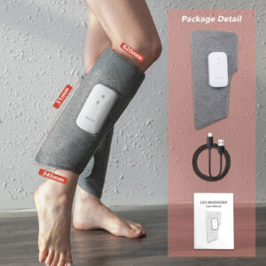 Grey wearable calf massager wrap shown for use while seated or resting