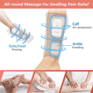 Grey calf massager wrap with USB-C cable, user manual and product dimensions