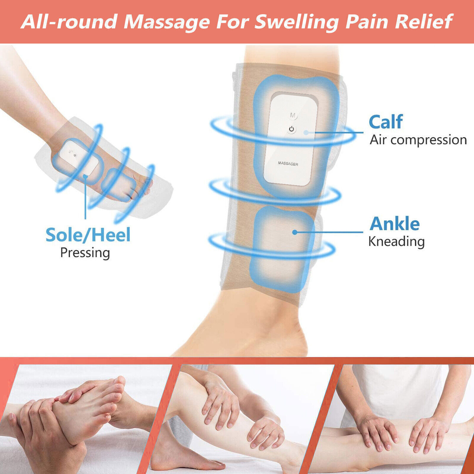 Grey calf massager wrap with USB-C cable, user manual and product dimensions