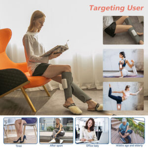 Grey rechargeable calf massager wrap shown during home, office and post-activity use
