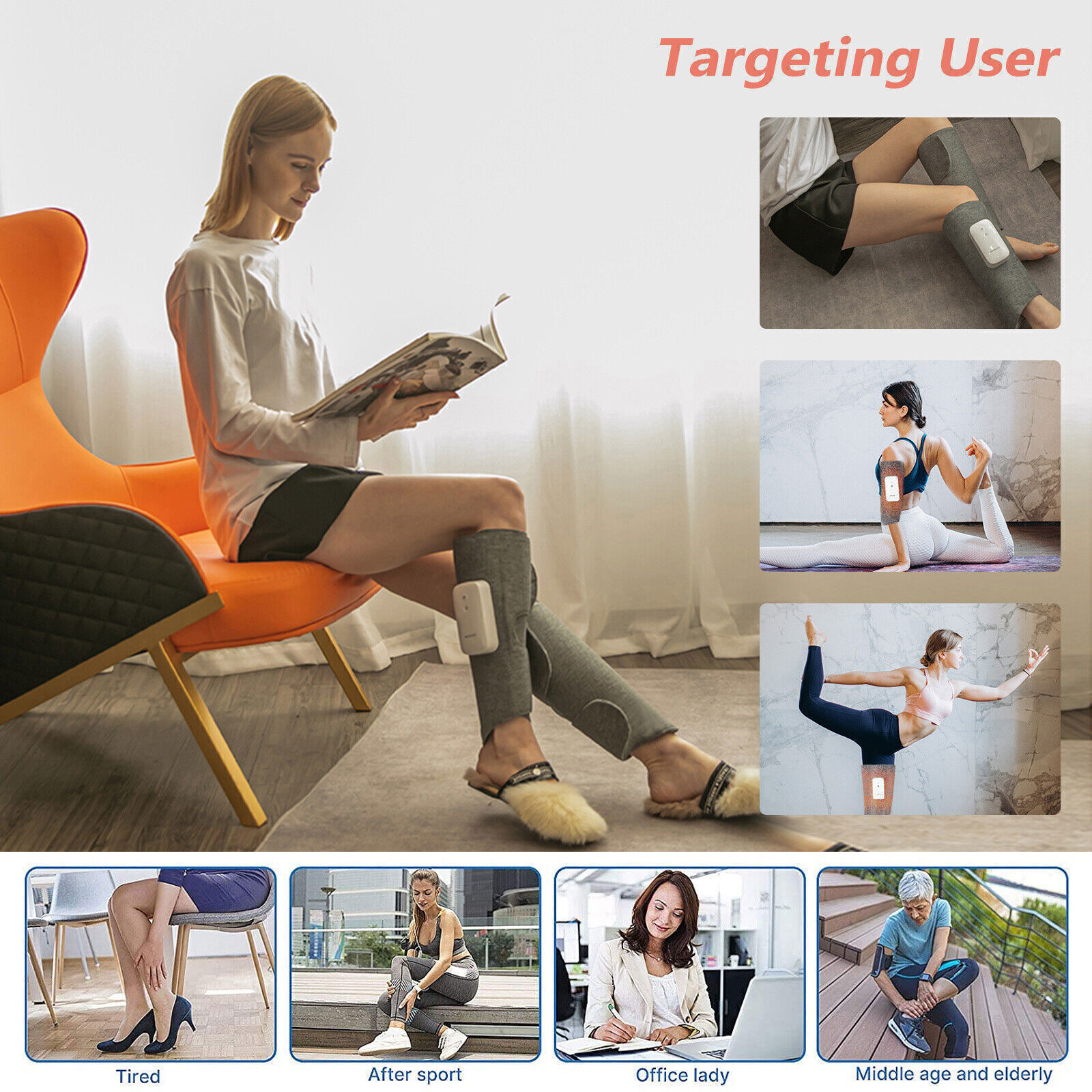Grey rechargeable calf massager wrap shown during home, office and post-activity use