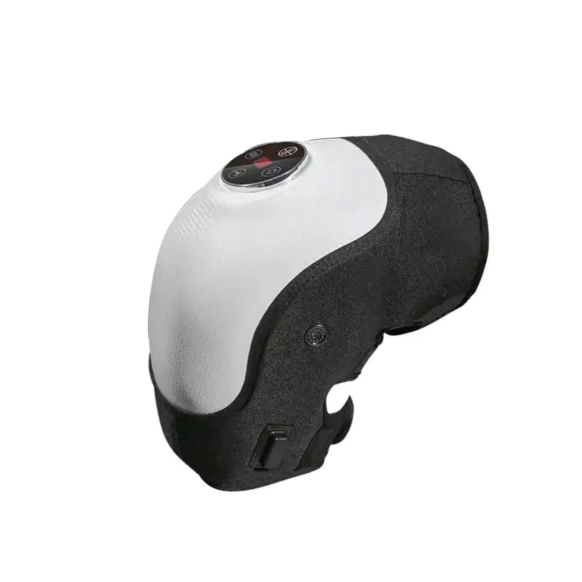 Black and white Orku knee massager with wraparound design, top control panel and side strap.