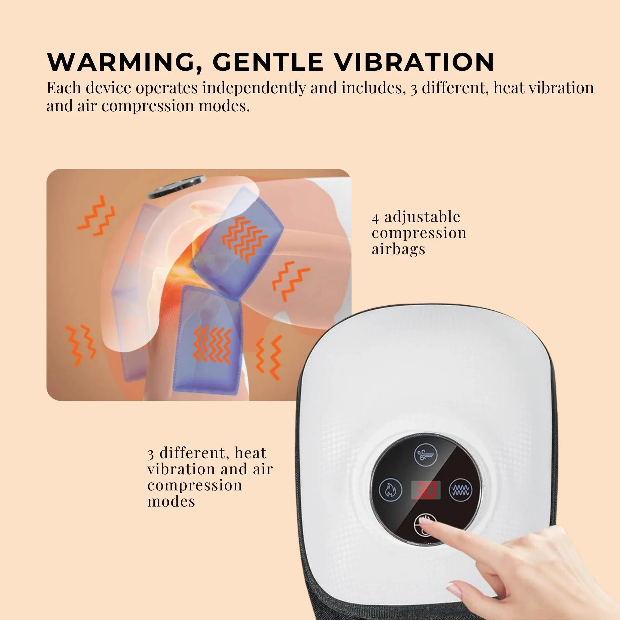 Orku knee massager showing top controls, warming vibration and adjustable airbag pressure settings.