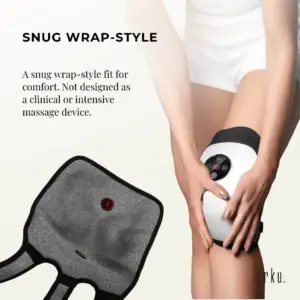 Woman holding the Orku knee massager with its grey wrap pad and adjustable fit.