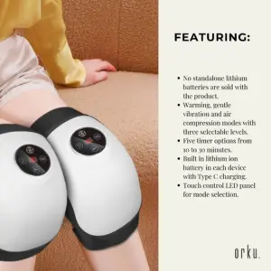 Two white Orku knee massagers with black straps and circular LED controls worn on both knees.