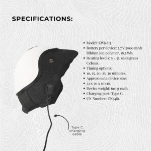 Black and white Orku knee massager with specifications and Type-C charging cable.