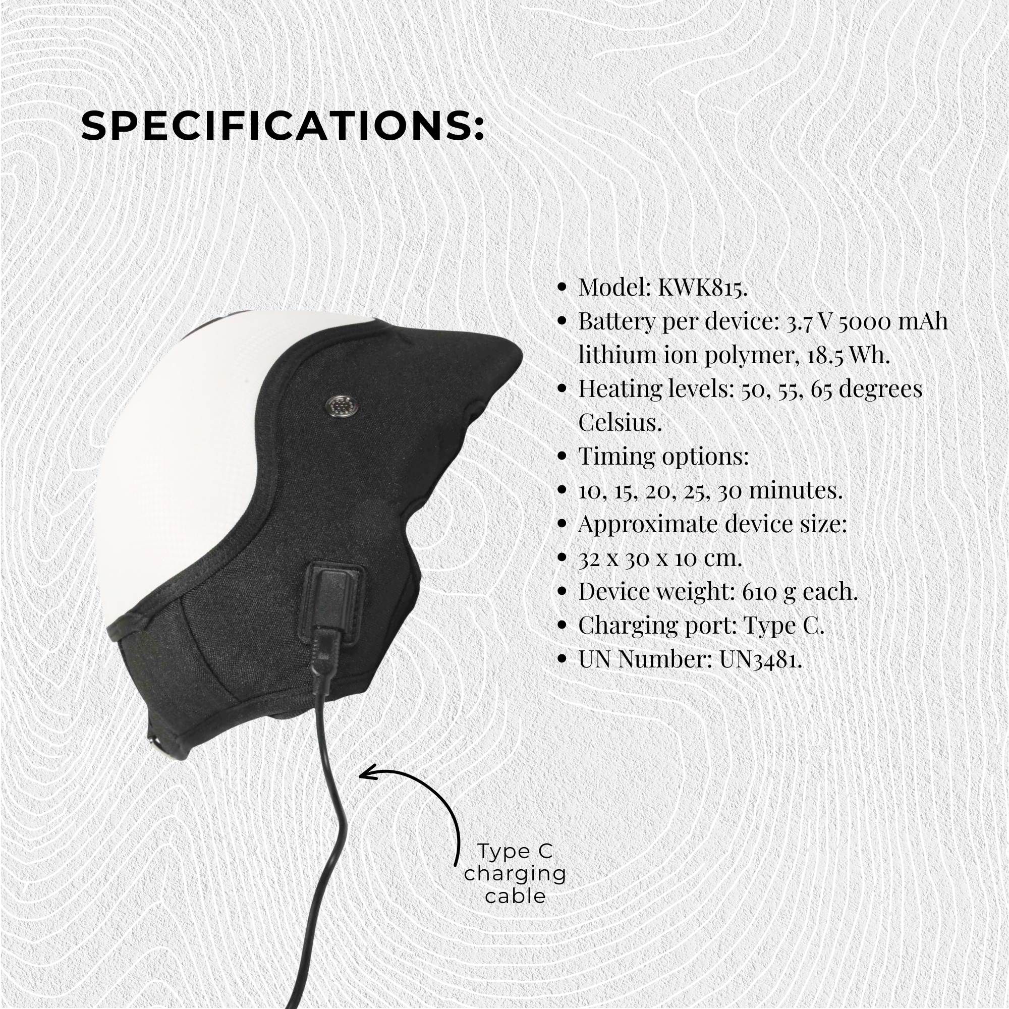 Black and white Orku knee massager with specifications and Type-C charging cable.