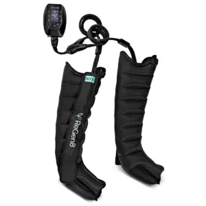 ReGen8 Nyx 8-chamber compression boots connected to portable controller