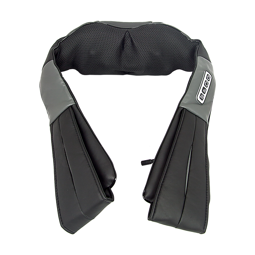 Black and grey Randy & Travis Machinery neck and shoulder massager with padded sides and mesh top.