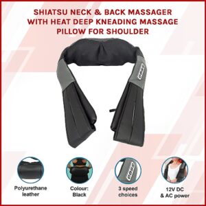Black Randy & Travis Machinery neck and shoulder massager showing its padded wrap, controls and power options.