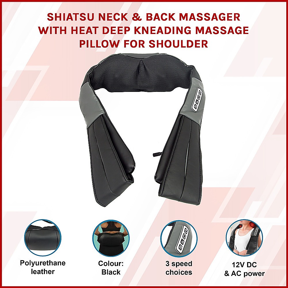 Black Randy & Travis Machinery neck and shoulder massager showing its padded wrap, controls and power options.