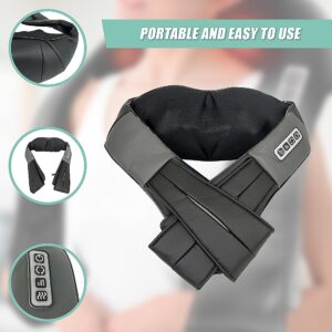 Black U-shaped neck massager with crossed straps, side controls and product detail insets.
