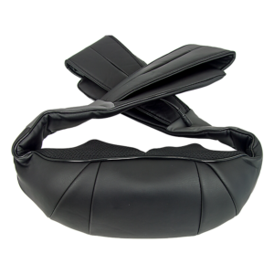 Black padded neck massager with its adjustable shoulder straps open.