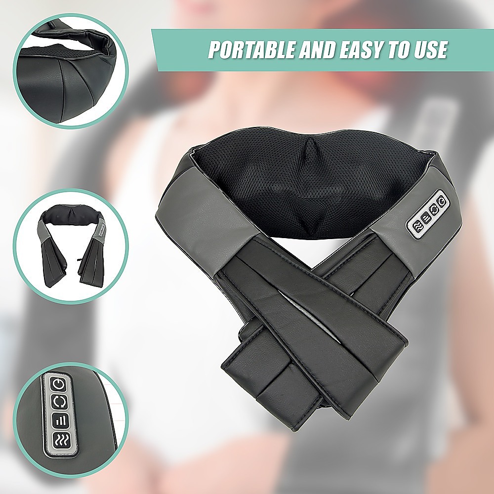 Black U-shaped neck massager with crossed straps, side controls and product detail insets.