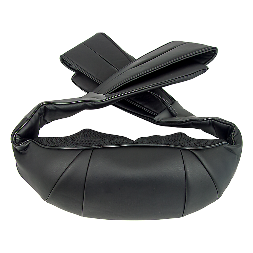 Black padded neck massager with its adjustable shoulder straps open.