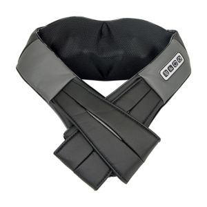 Black and grey padded neck massager with crossed front straps and side logo patch.