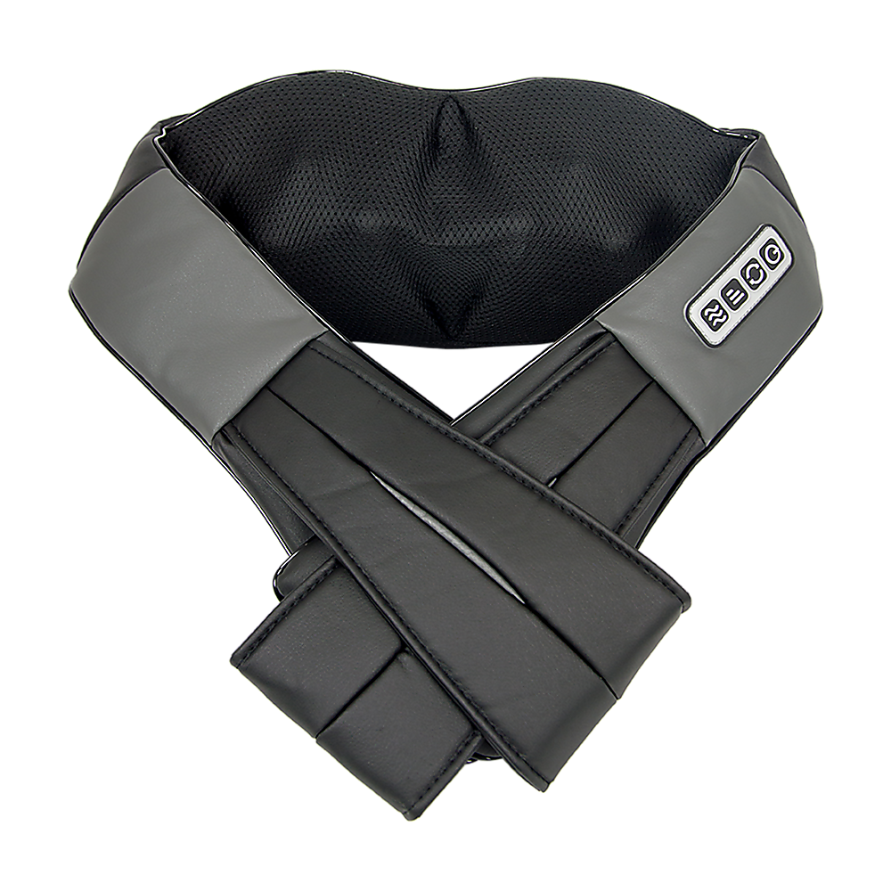 Black and grey padded neck massager with crossed front straps and side logo patch.