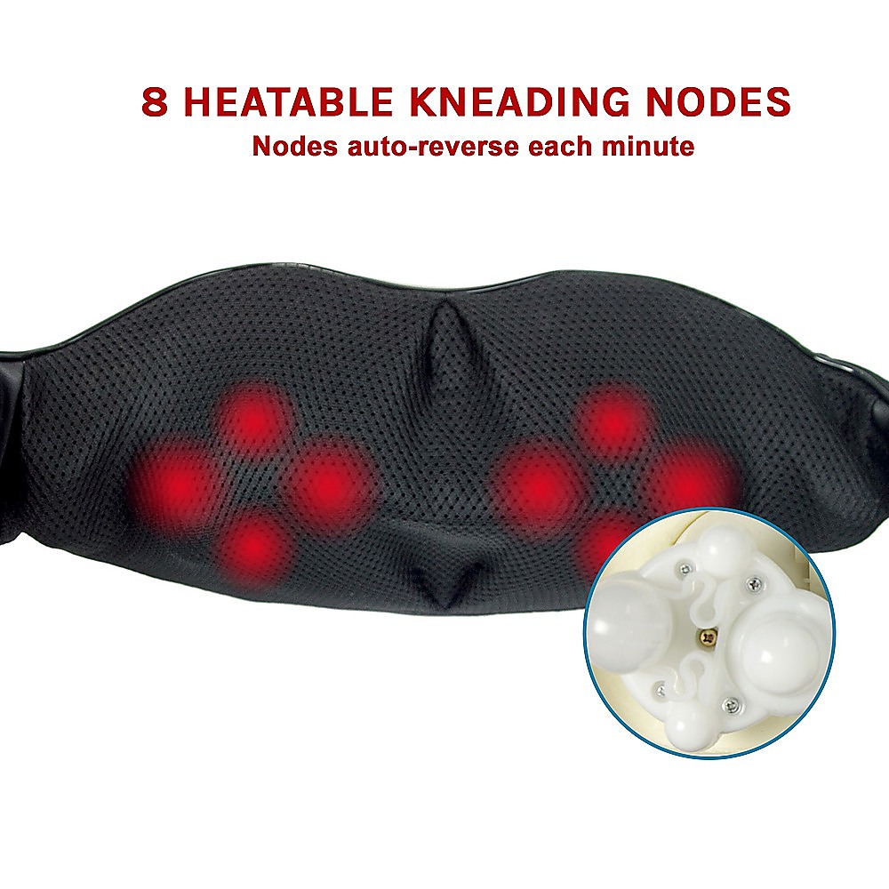 Black mesh neck massager showing its kneading nodes and heat-light detail.